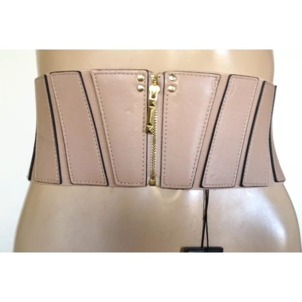 BCBG Waist Belt Wide Studded Zip Corset Nude and Gold Sz M